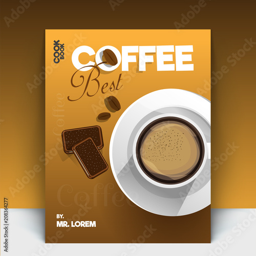Best coffee recipe book cover design, top view with a coffee cup and beans.