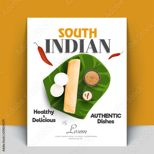 Authentic south indian cook book or recipe book cover designs with masala dosa, sambhar, coconut chutney, and idli.