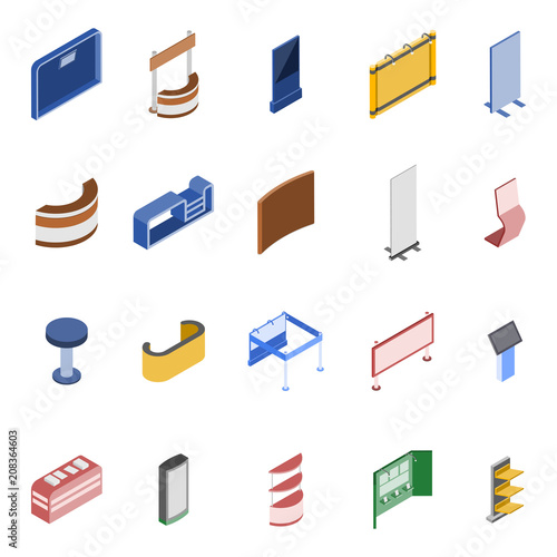 Set of isometric exhibition stands including display desks.