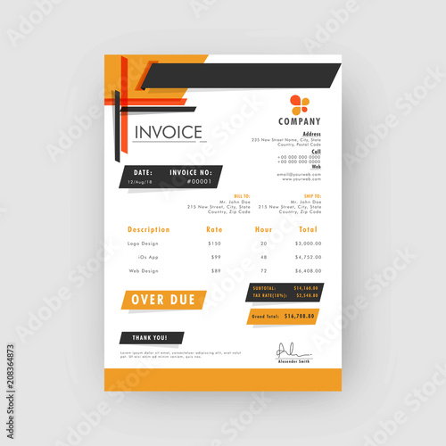 Yellow and grey, corporate invoice or estimate template.