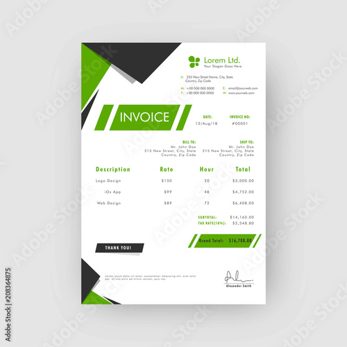 Green and grey, corporate invoice or estimate template.