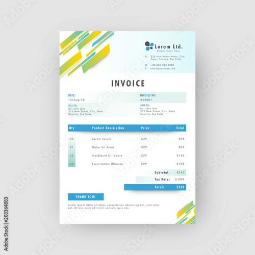 Corporate invoice or estimate template with colorful abstract design.