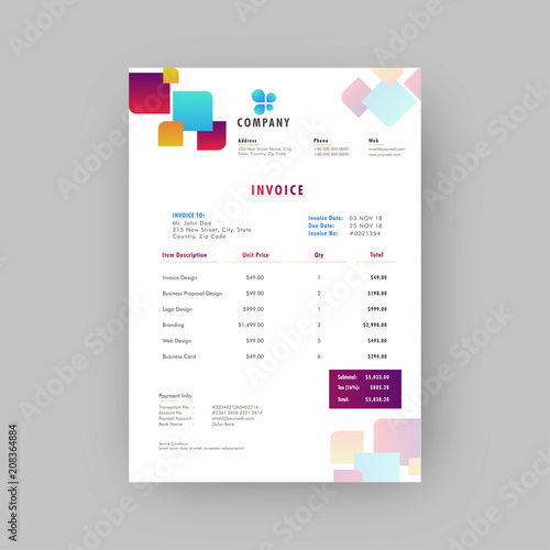 Corporate invoice or estimate template with colorful abstract design.