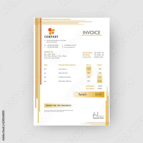 Yellow corporate invoice or estimate template.