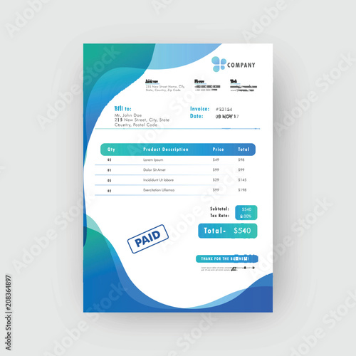 Blue corporate invoice or estimate template. photo