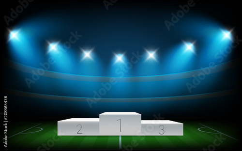 White illuminated sport podium. Soccer arena illuminated with spot lights