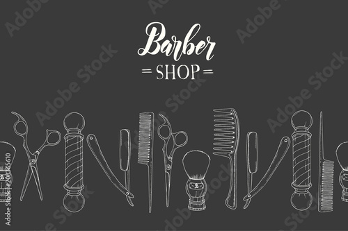 Hand drawn Barber Shop seamless pattern with doodle razor, scissors, shaving brush,  comb, classic barber shop Pole. Sketch. Lettering. Vector background For wallpaper, web page background