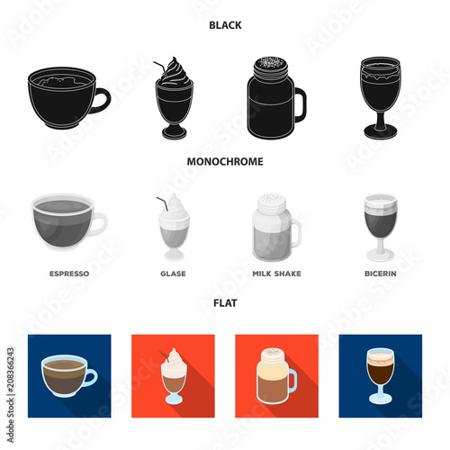 Esprecco, glase, milk shake, bicerin.Different types of coffee set collection icons in black, flat, monochrome style vector symbol stock illustration web. photo