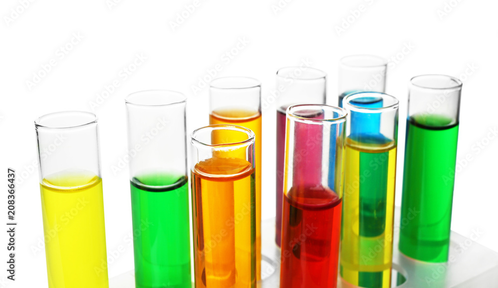 Test tubes with colorful samples on white background, closeup Test tubes with colorful samples on white background, closeup