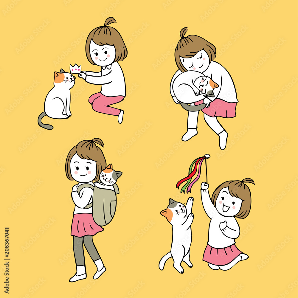 Cartoon cute friendship little girl and cat vector. Cartoon cute friendship little girl and cat vector.