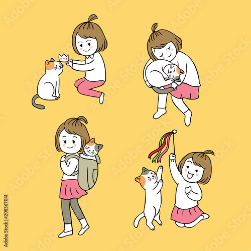 Cartoon cute friendship little girl and cat vector.