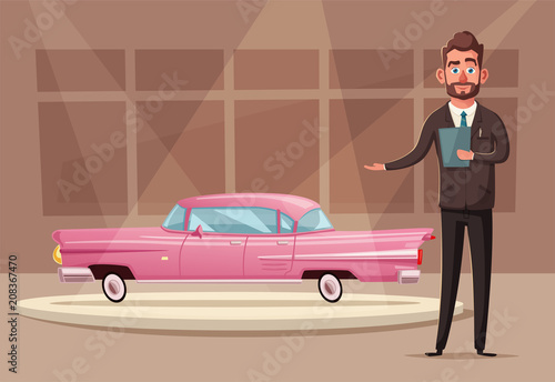 Sale of a new car. The seller at the car showroom shows the vehicle. Vector cartoon illustration