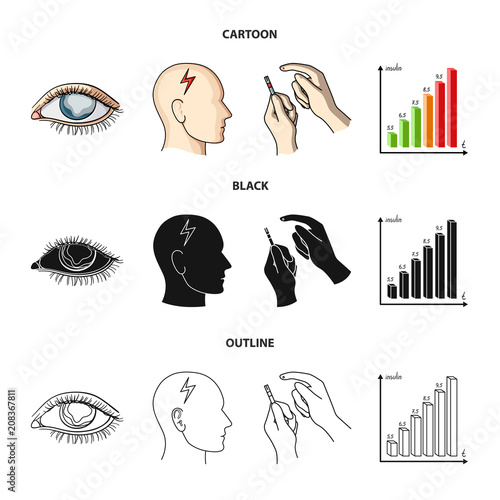 Poor vision, headache, glucose test, insulin dependence. Diabetic set collection icons in cartoon,black,outline style vector symbol stock illustration web.