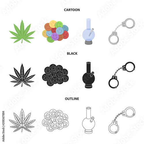Hemp leaf, ecstasy pill, handcuffs, bong.Drug set collection icons in cartoon,black,outline style vector symbol stock illustration web.