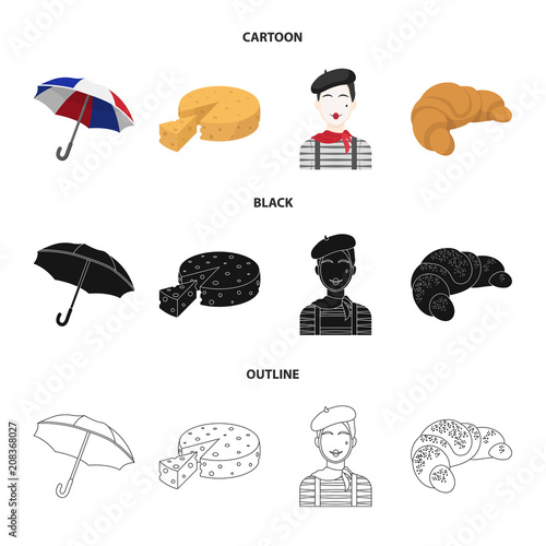 Umbrella, traditional, cheese, mime .France country set collection icons in cartoon,black,outline style vector symbol stock illustration web.