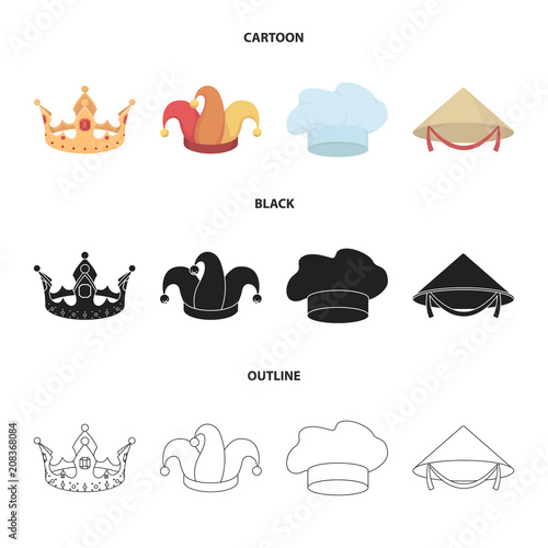Crown, jester cap, cook, cone. Hats set collection icons in cartoon,black,outline style vector symbol stock illustration web.