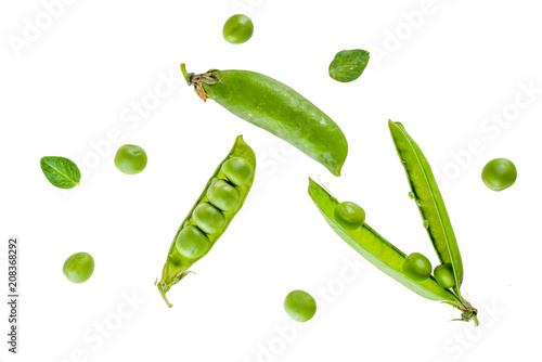 Various raw fresh green pea isolated on white simple pattern