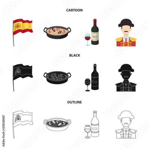 Flag with the coat of arms of Spain, a national dish with rice and tomatoes, a bottle of wine with a glass, a bullfighter, a matador. Spain country set collection icons in cartoon,black,outline style