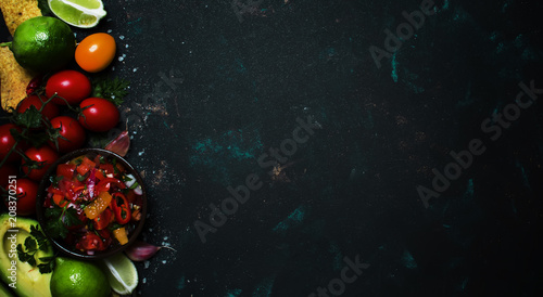 Tex-Mex Concept, Nachos, Salsa Sauce, Food Background, Top View