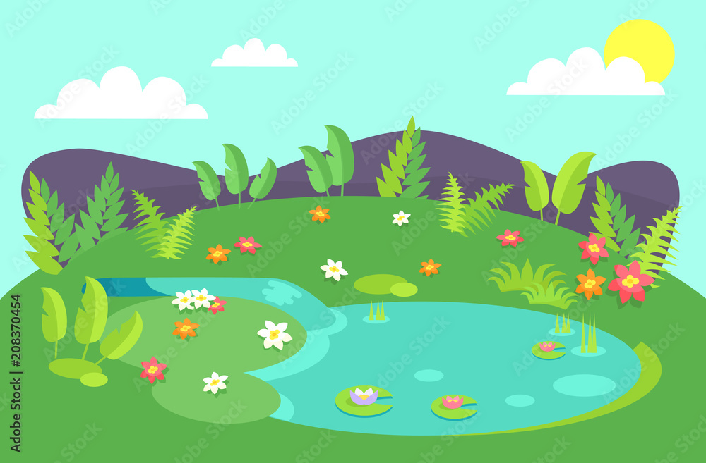 Pond with Tropical Bushes and Green Leaves Flowers