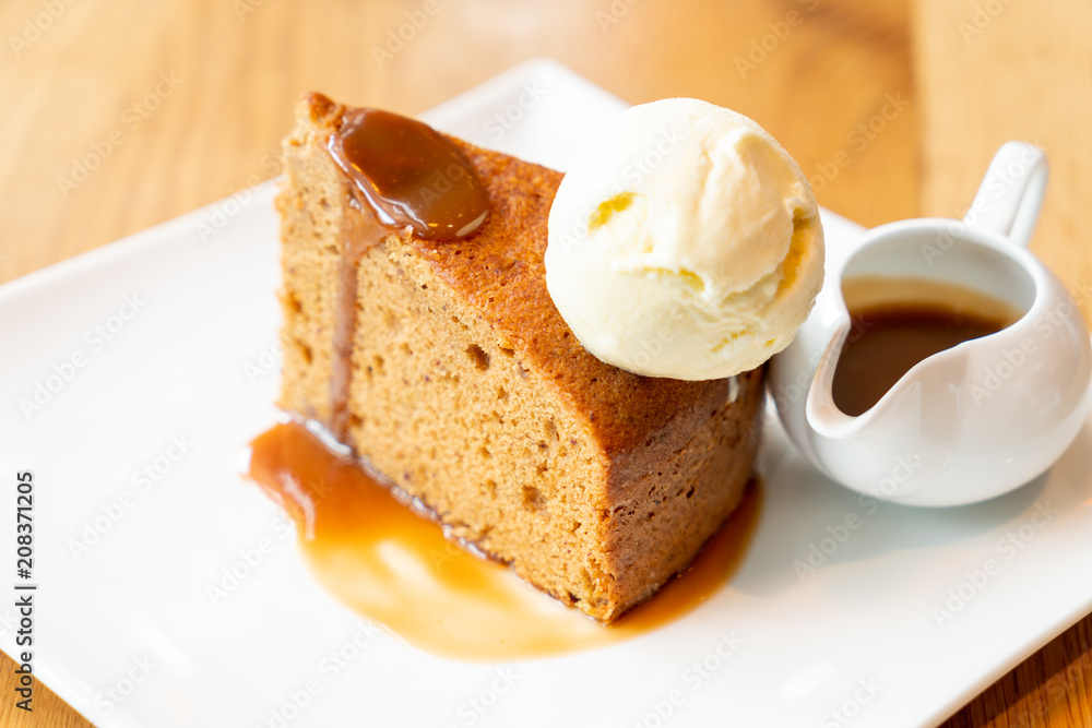 cake with vanilla ice-cream and toffee caramel sauce cake with vanilla ice-cream and toffee caramel sauce