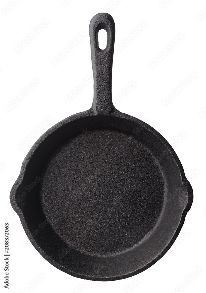 Isolated objects: empty black cast iron frying pan, isolated on white background Isolated objects: empty black cast iron frying pan, isolated on white background