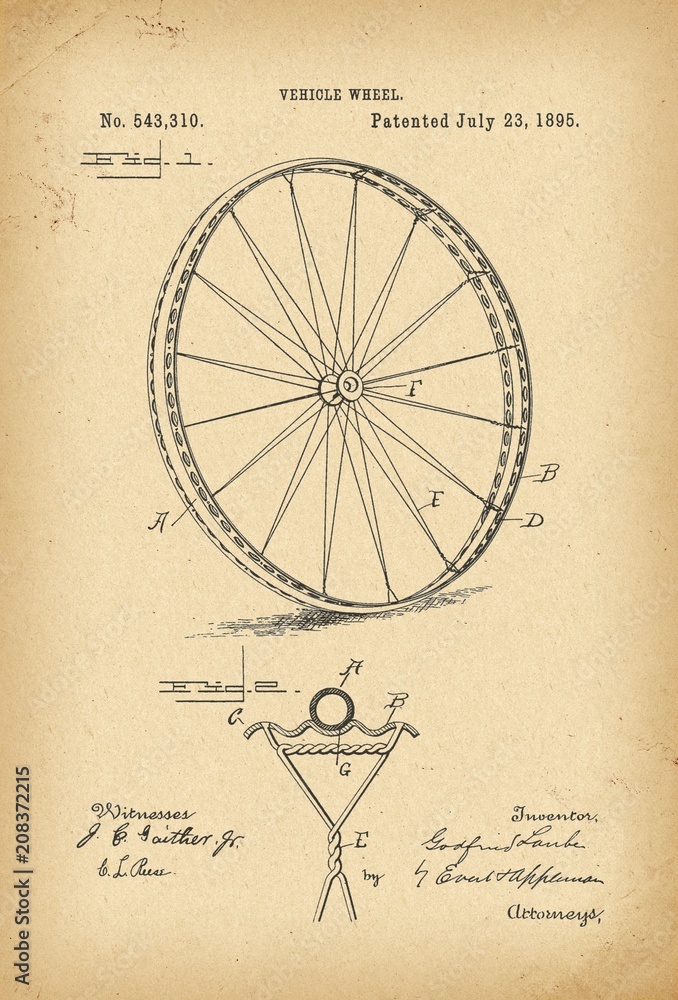 1895 Patent Velocipede wheel Bicycle archival history invention