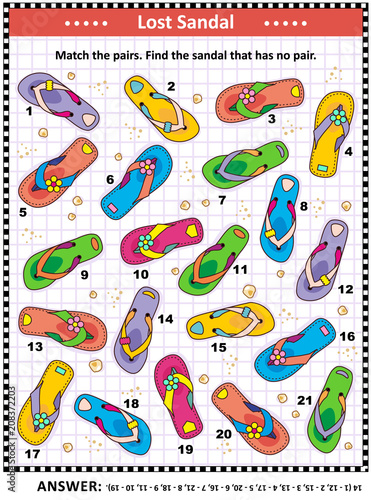Lost sandal. Summer vacation themed visual puzzle (suitable both for kids and adults) with flip-flops on the beach sand: Match the pairs. Find the sandal that has no pair. Answer included.