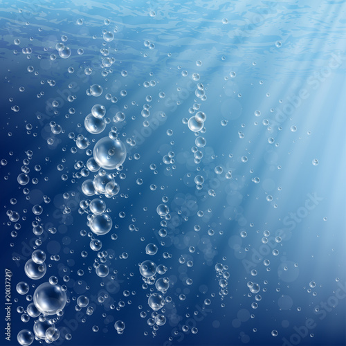Bubbles in water on blue background. Deep water bubbles illuminated by rays of light. Fizzy sparkles in water. Realistic raster illustration.