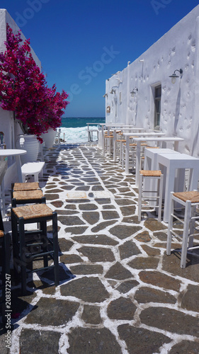 Fototapeta Naklejka Na Ścianę i Meble -  Photo of beautiful bougainvillea flower with awsome colors in picturesque Greek island with deep blue waves       