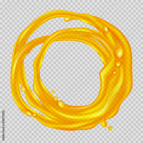 Juice frame. Transparent orange splash and drops flow in a circle. Vector illustration.