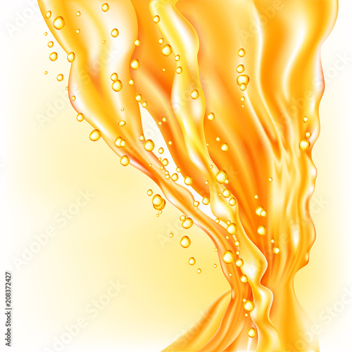 Orange juice splash. Realistic flow of liquid with drops. Vector illustration.