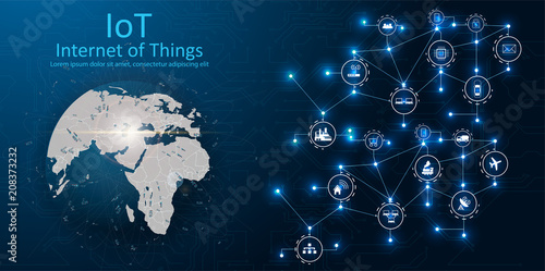 Internet of things (IOT), devices and connectivity concepts on a network, cloud at center. digital circuit board above the planet Earth.