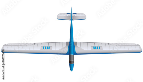 Blue glider model, ground plan. Beautiful subtle airplane. Balsa wood wings, model hobby. Master vector illustration