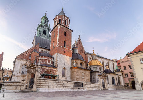 Cathedral of St. Stanislaw and St. Vaclav and royal castle on the Wawel Hill at sunset, Krakow, Poland.