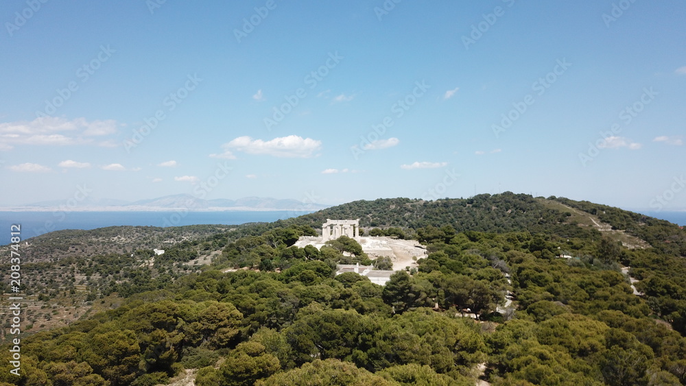 Aerial drone bird's eye photo of iconic Temple of Aphaia with views of Agia Marina and Saronic Gulf, island of Aigina, Greece