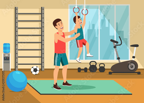 Cartoon father helps son pull himself up on