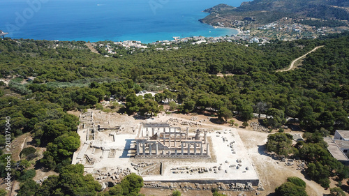 Aerial drone bird's eye photo of iconic Temple of Aphaia with views of Agia Marina and Saronic Gulf, island of Aigina, Greece photo