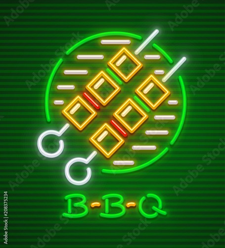 Meat shashlik grill barbecue fro picnic neon icon. EPS10 vector