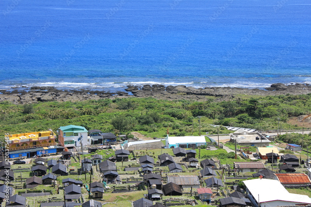 Panoramic View of the Peaceful Coastline and Village of Lanyu (Orchid Island) at Taitung, Taiwan