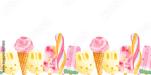 Watercolor border of ice cream. Summer seamless texture on a white background.