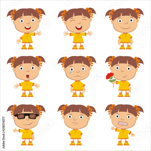 Set of little funny girl in different poses and emotion isolated on white background.