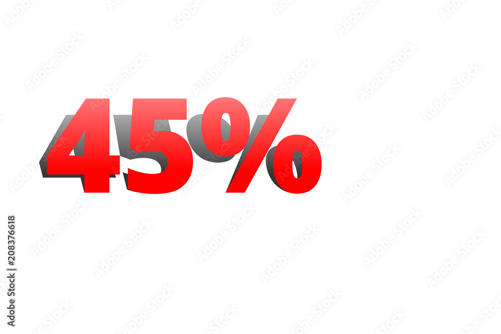 45% rote Prozentzahl mit Schatten auf weißem Hintergrund 45% rote Prozentzahl mit Schatten auf weißem Hintergrund
