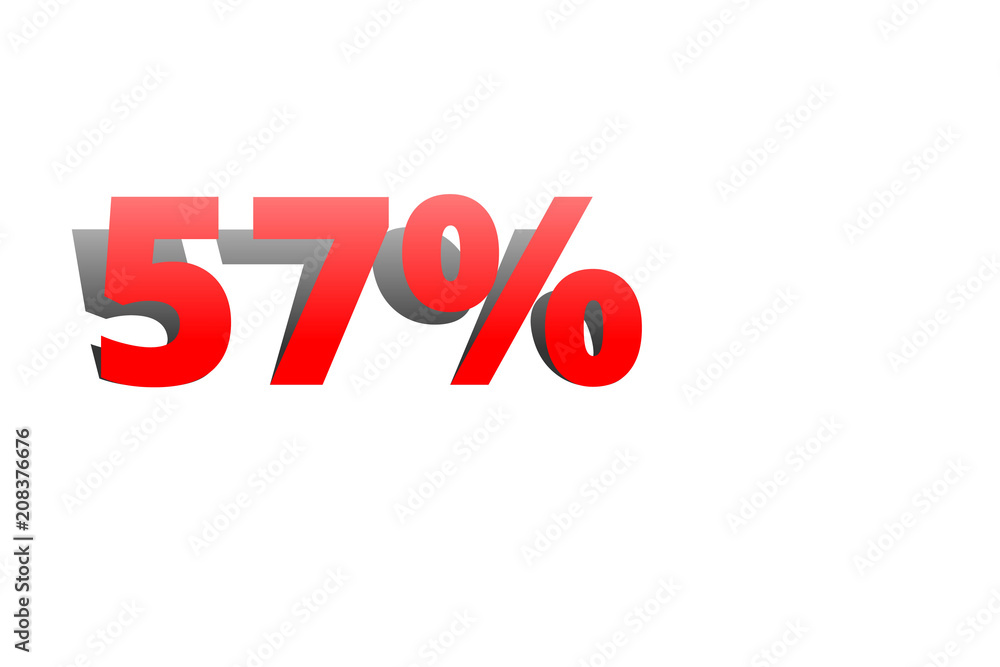 57% rote Prozentzahl mit Schatten auf weißem Hintergrund 57% rote Prozentzahl mit Schatten auf weißem Hintergrund