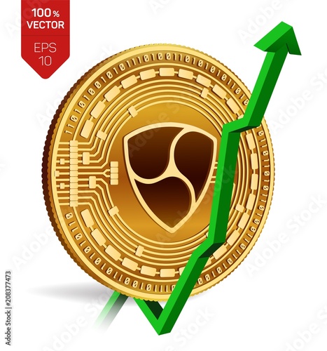 Nem. Growth. Green arrow up. Nem index rating go up on exchange market. Crypto currency. 3D isometric Physical Golden coin isolated on white background. Vector illustration.