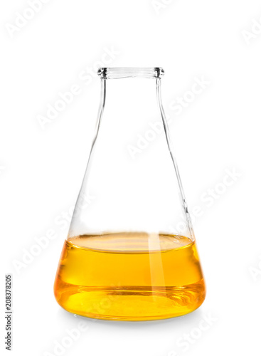 Test flask with yellow liquid on white background