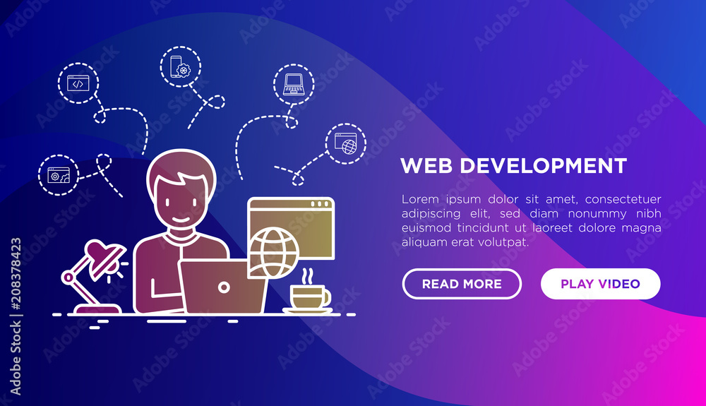 Web developer is working overtime on laptop concept. Template of web ...