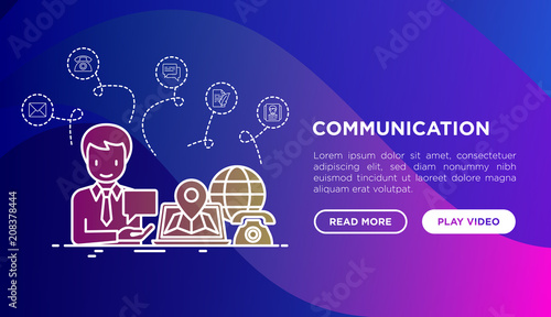 Communication concept: man with speech bubble and thin line icons: laptop, e-mail, letter, chat, support, telephone. Modern vector illustration, web page template on gradient background.