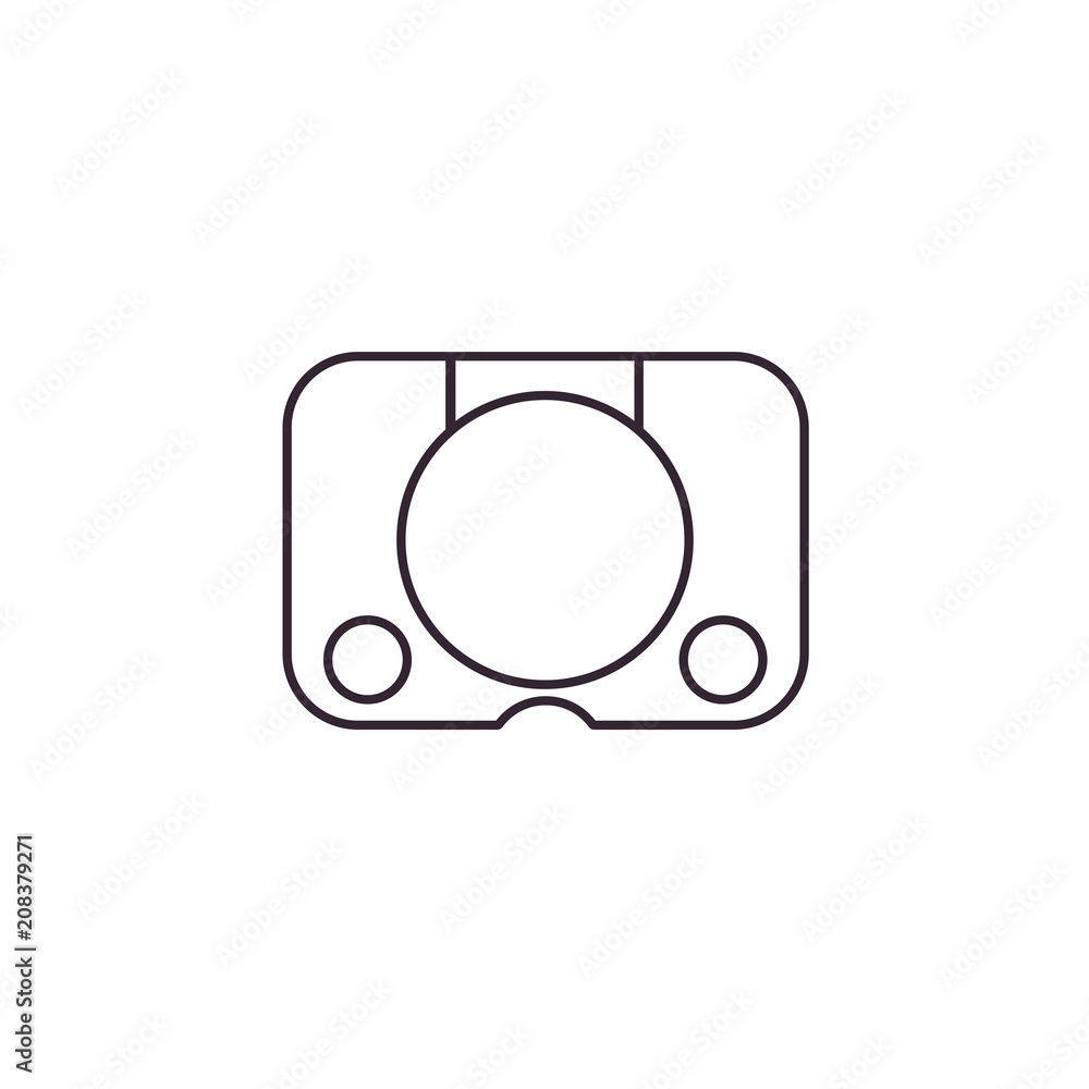 Video game console line icon on isolated background. Gaming device for playing videogames in thin linear design. Video game console line icon on isolated background. Gaming device for playing videogames in thin linear design.