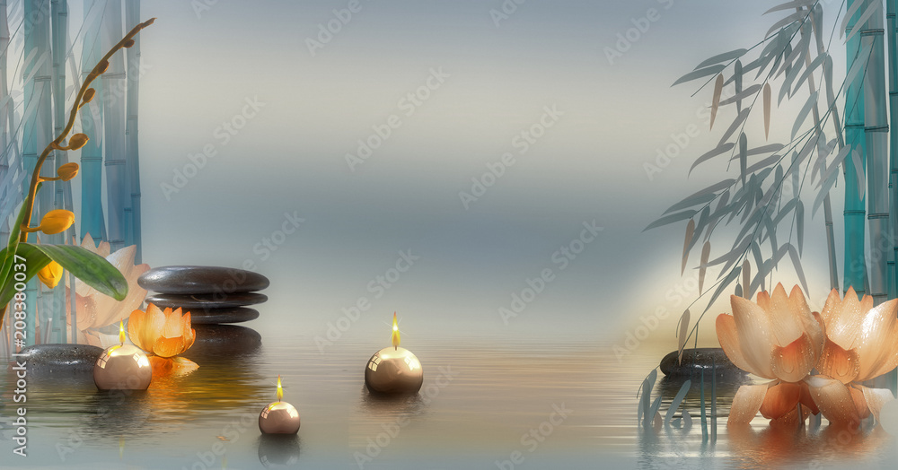 Fototapeta premium Wandbild mit Steinen und Bambus im Wasser und schwimmenden Kerzen
